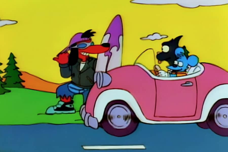 Poochie hitch hiking and holding a surfboard as Itchy and Scratchy drive by
