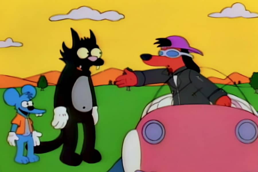 Poochie in a car reaching out to Scratchy