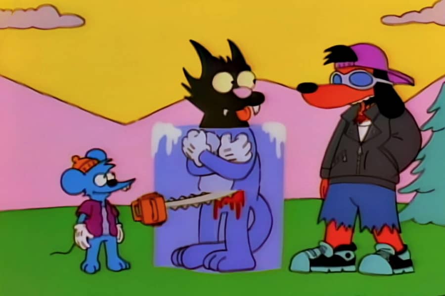 Itchy chainsawing Scratchy who is stuck in a block of ice, they are talking to Poochie