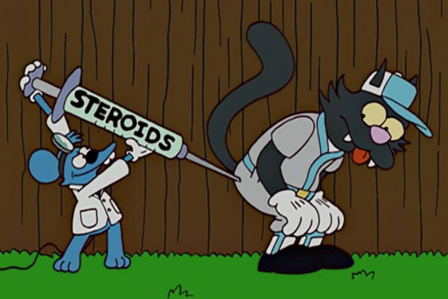 Itchy injects a big syringe of steroids into Scratchy’s butt