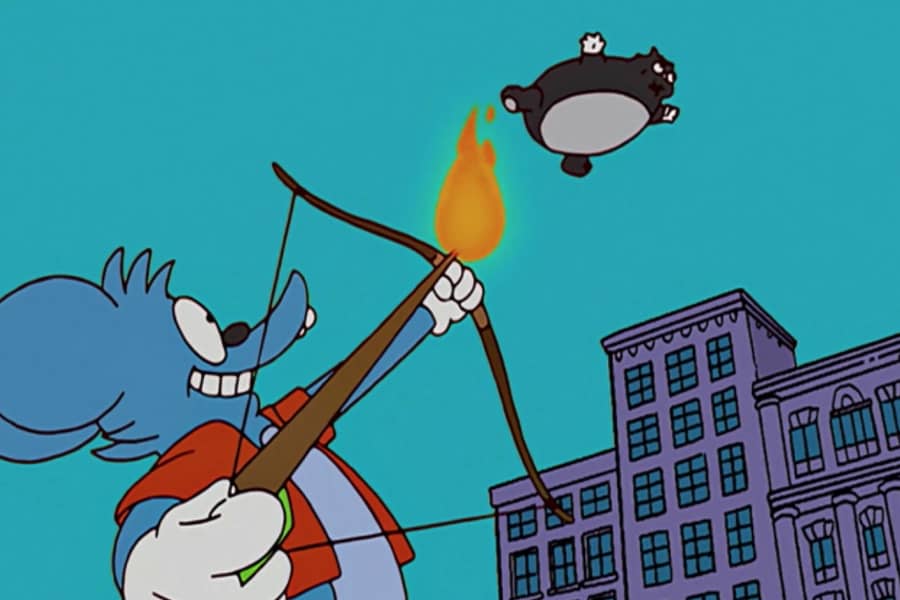 Scratch is parade float sized, floating in the air and Itchy aims a flaming arrow at him