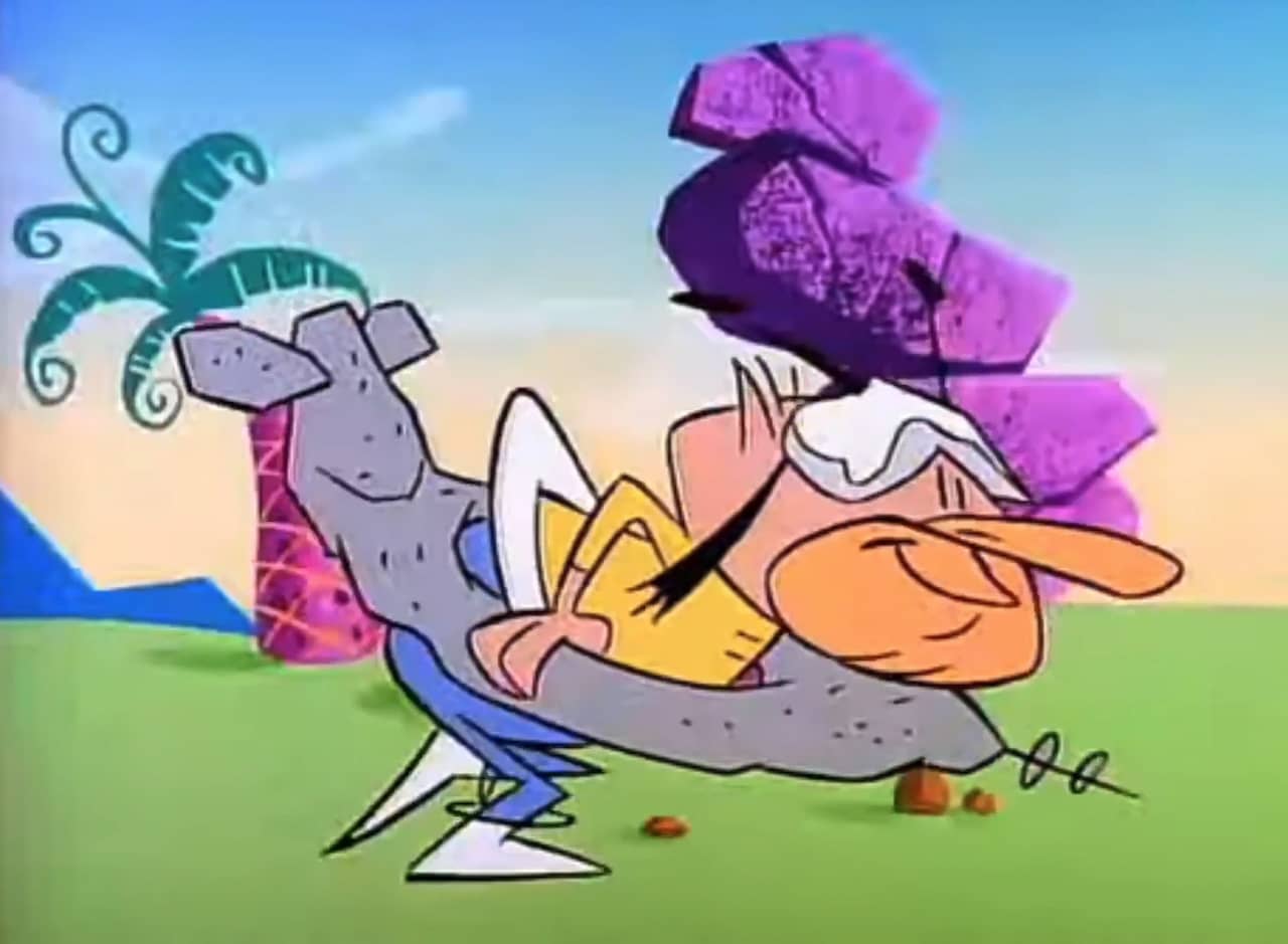 futuristic man running with a stone personal spaceship around his waist