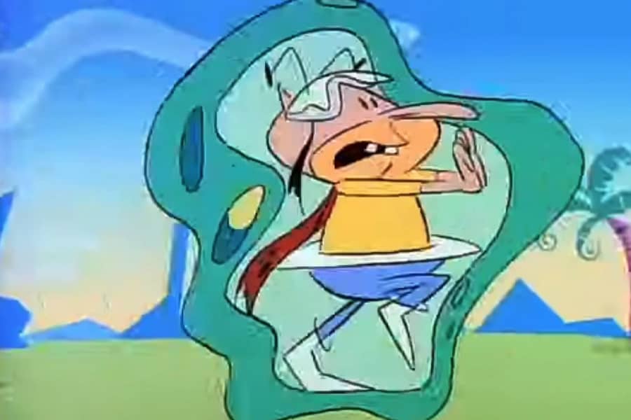 futuristic guy trapped in a huge amoeba type thing