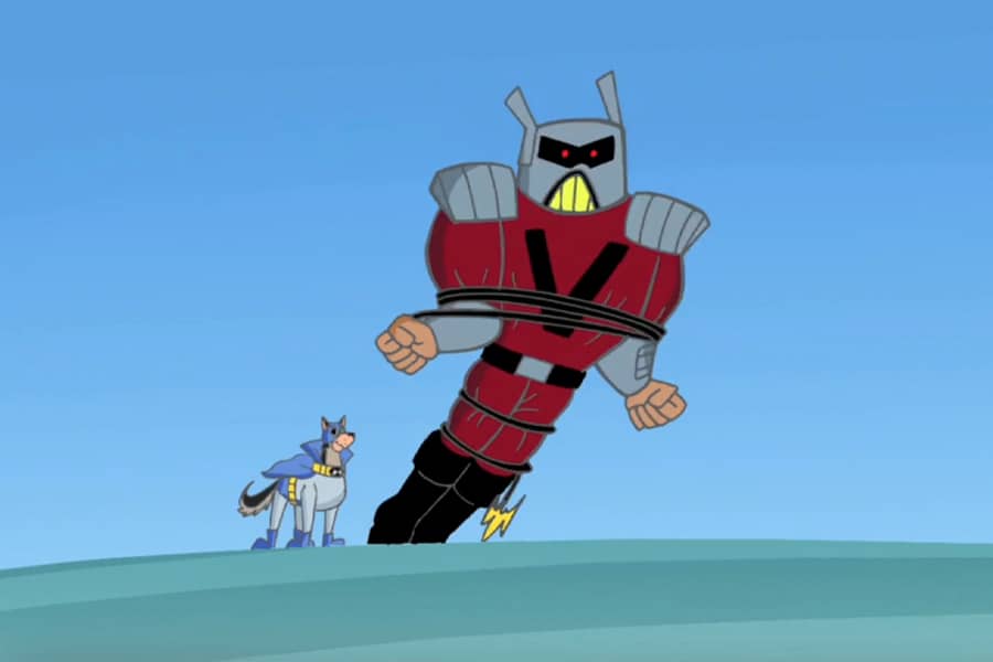 villain is tied up and falling down, the K-9 Crusader in the background