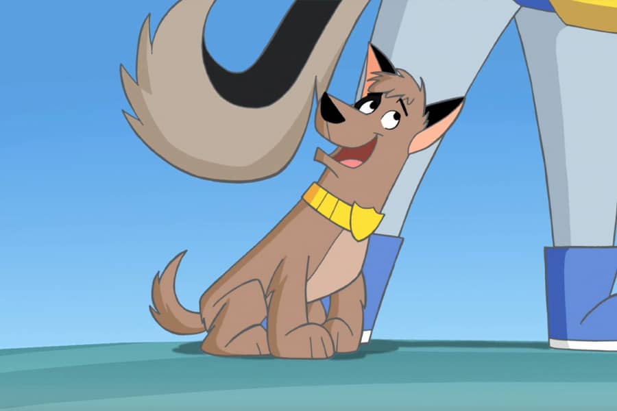 the puppy trying to convince the K-9 Crusader to take him along