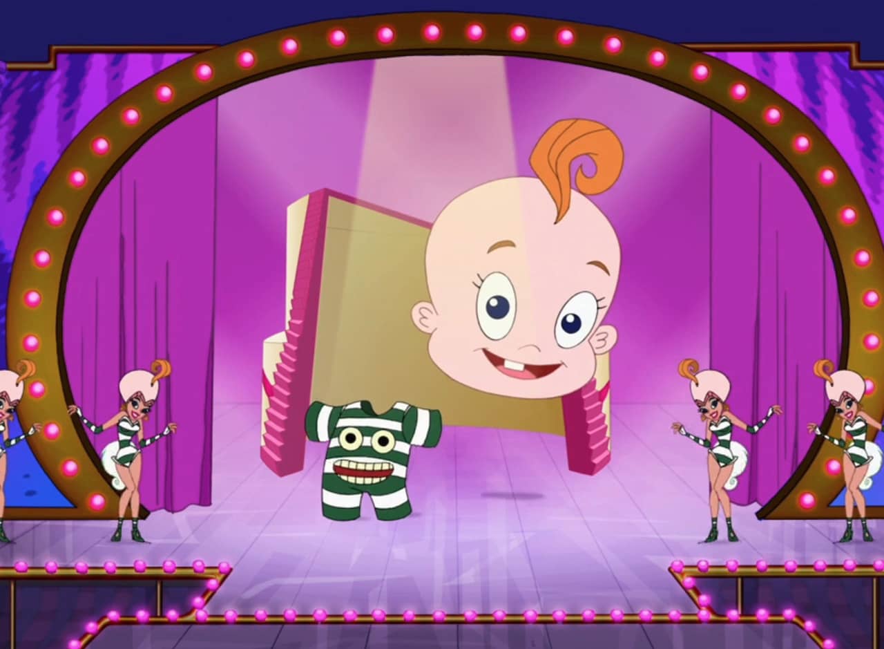 stage with dancers and Klimpaloon and Giant Floating Baby Head