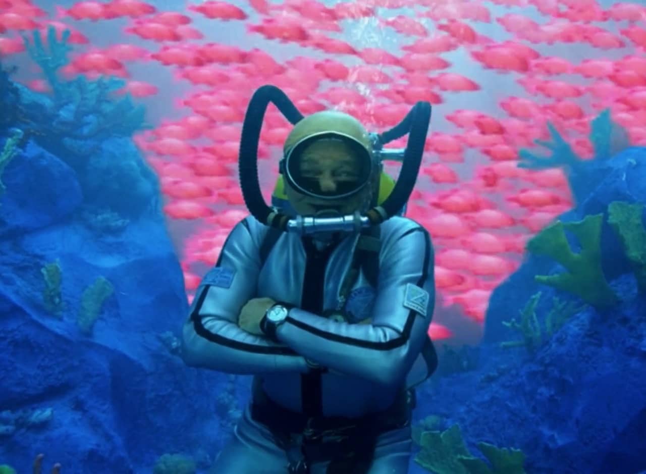 Steve Zissou in scuba gear in front of a school of brightly colored pink fish