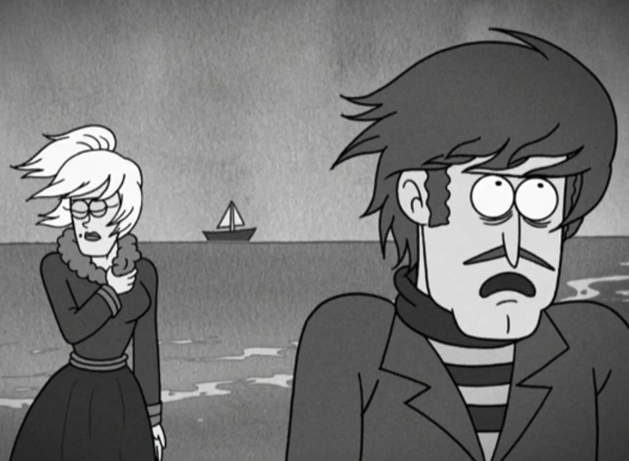 black and white shot, a man with a French mustache looks upset as a woman cries behind him on the beach