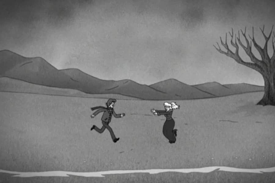 man and woman run toward each other