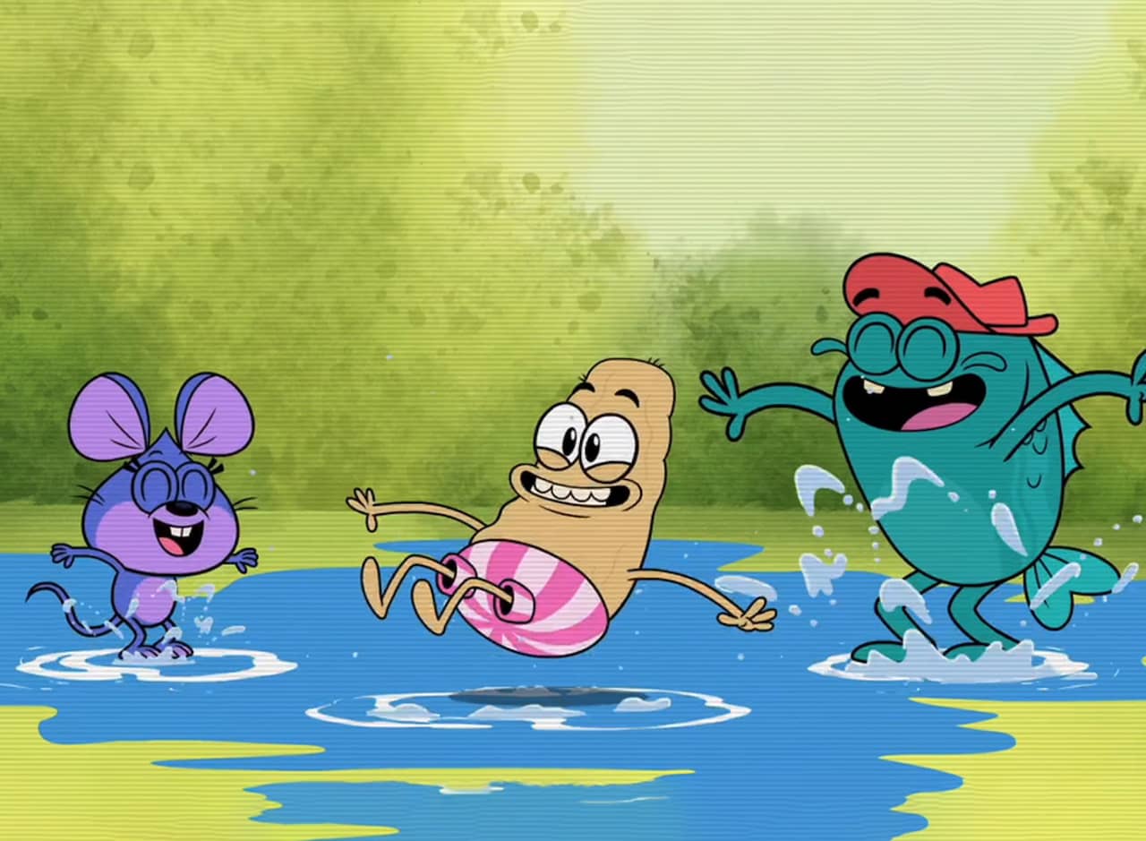 Louie, a loofah, Amos, a fish, and Lottie, a mouse, splashing in a puddle