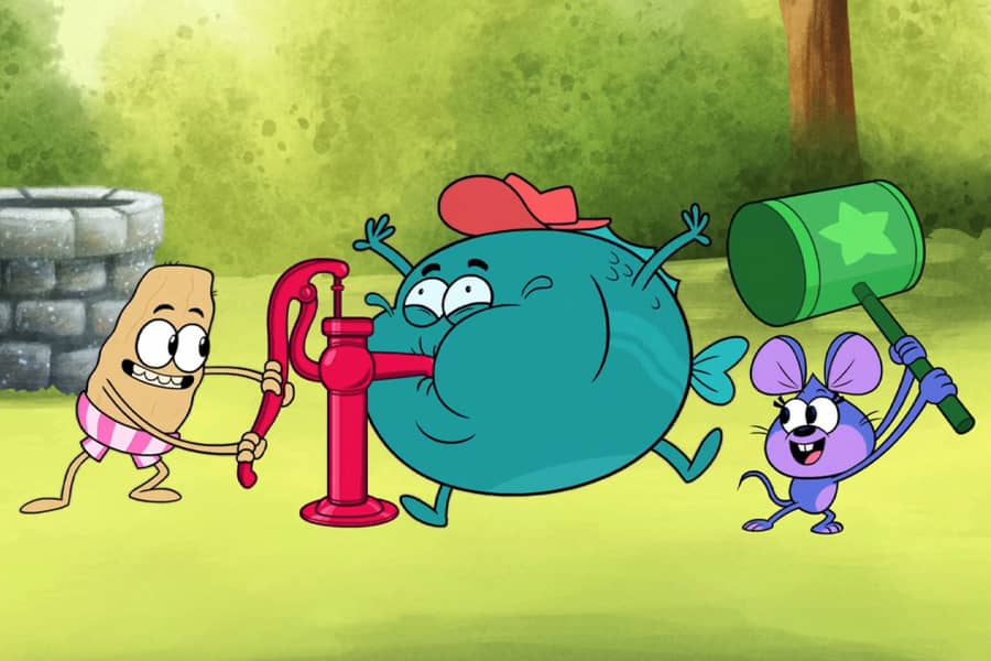 Louie pumping a water pump into Amos’ mouth as he blows up full of water
