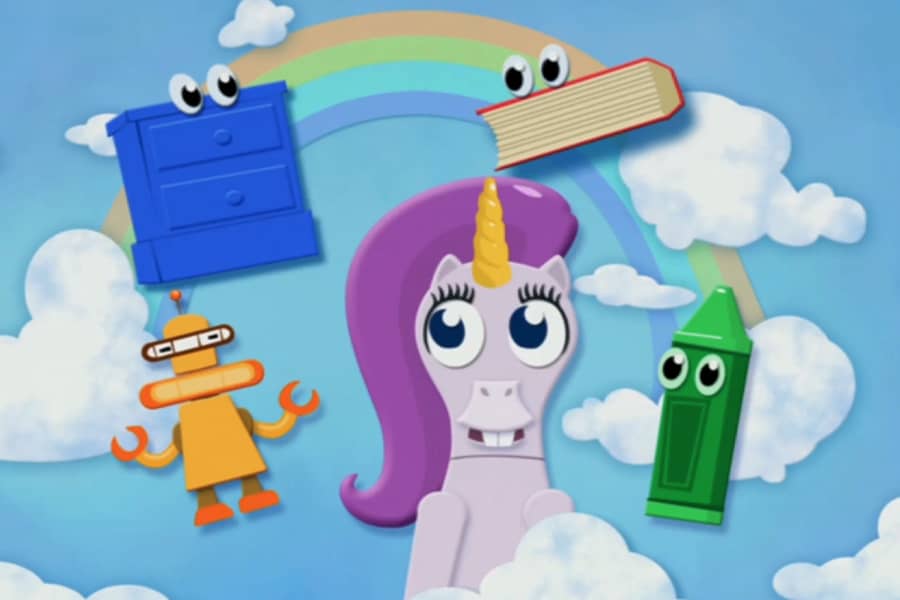 Princess Self-Respectra surrounded by objects with eyes: a robot, a dresser, a book, and a crayon