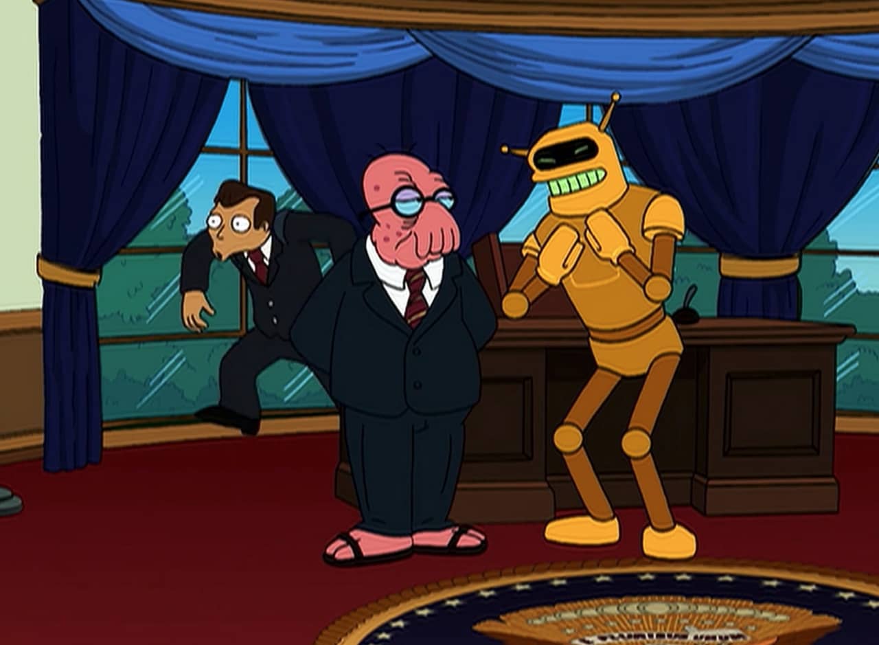 Harold Zoid as the President, stands with Calculon in the Oval Office