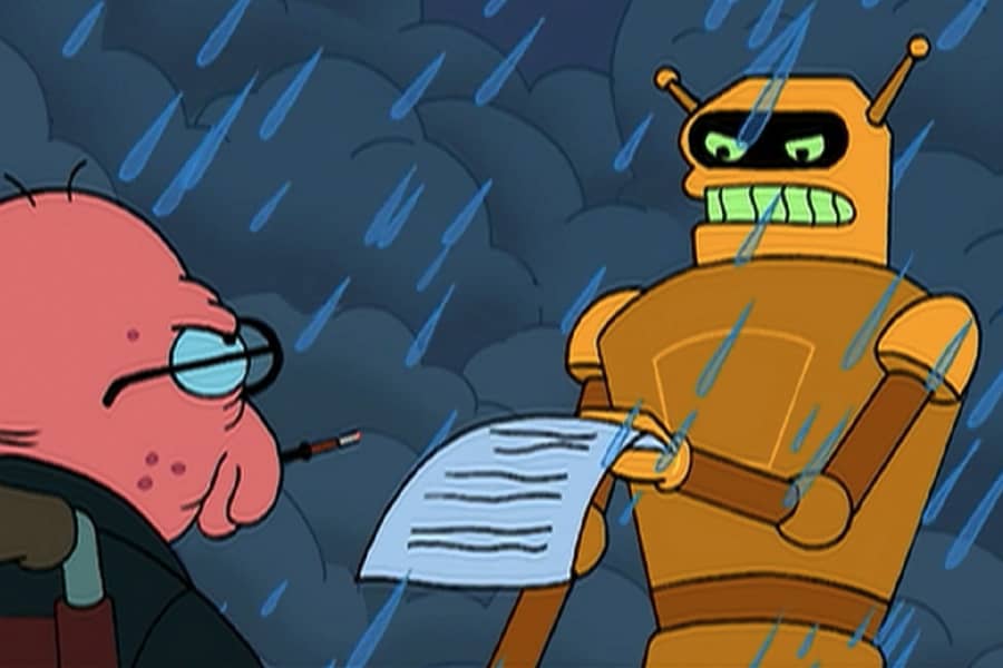 in the rain, Calculon hands Zoid a piece of paper