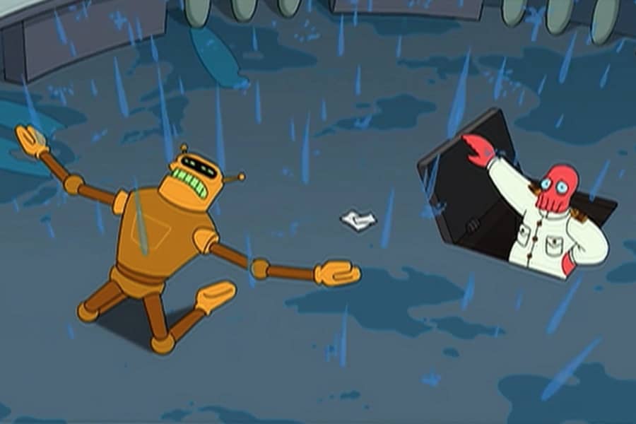 still in the rain, Calculon falls to his knees and yells “Noo!” while Zoidberg watches from a nearby hatch 