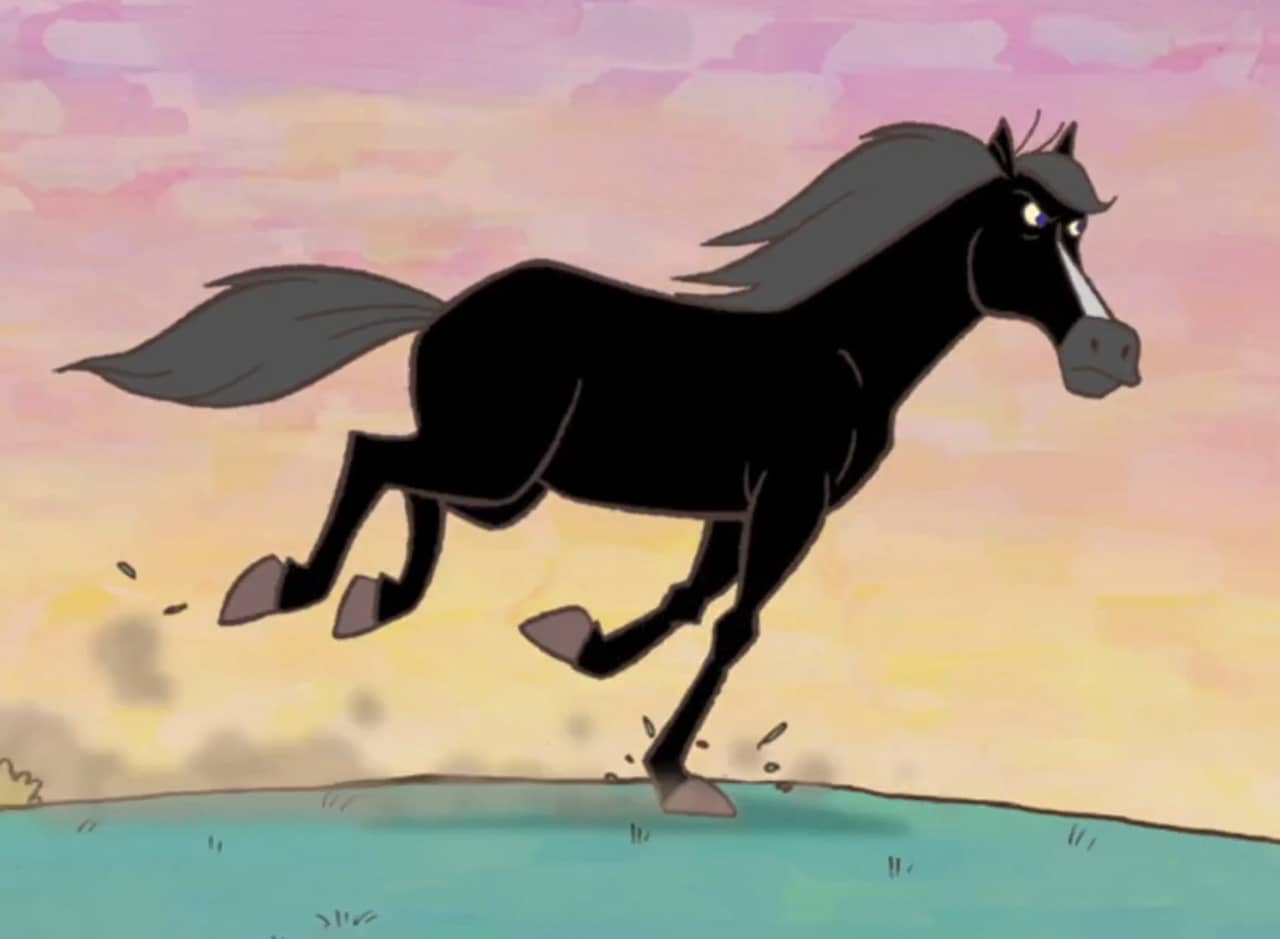 Thunderbolt, a black horse running on grass