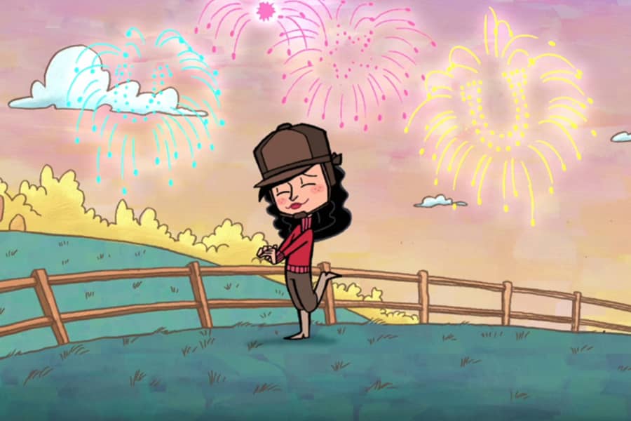the girl is happy with fireworks in the sky