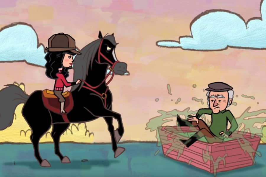the girl is riding Thunderbolt as an old man falls into a trough of water