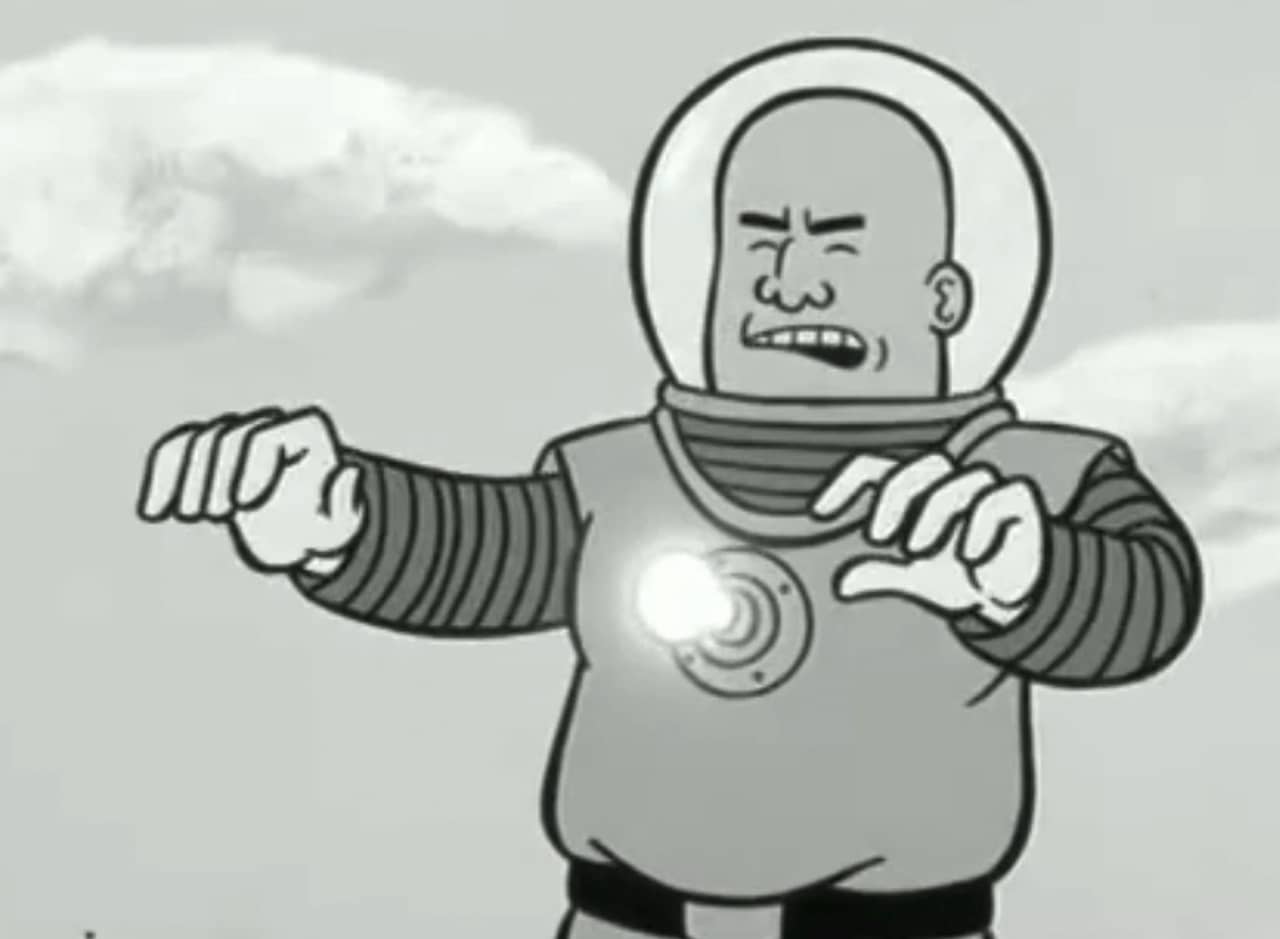 Man from Pluto, abald man in a space suit with a light bulb sticking out the front