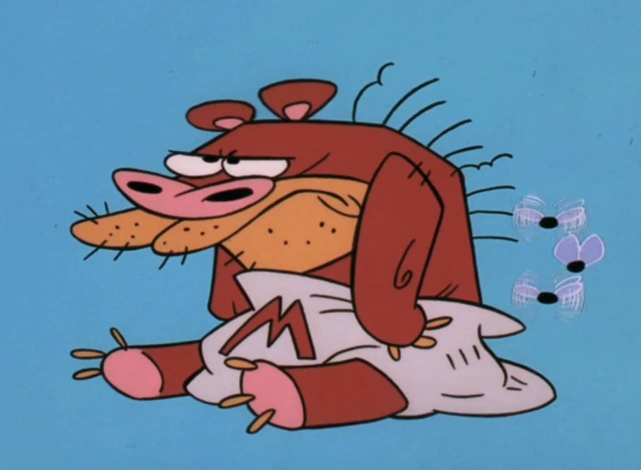 Manure the Bear, a bear wearing a diaper surrounded by flies