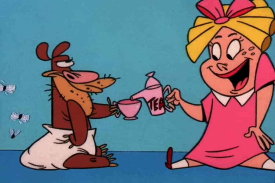 girl pouring tea for Manure the Bear