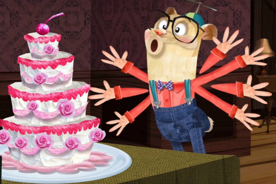Milo waving his arms as he falls into a tiered birthday cake