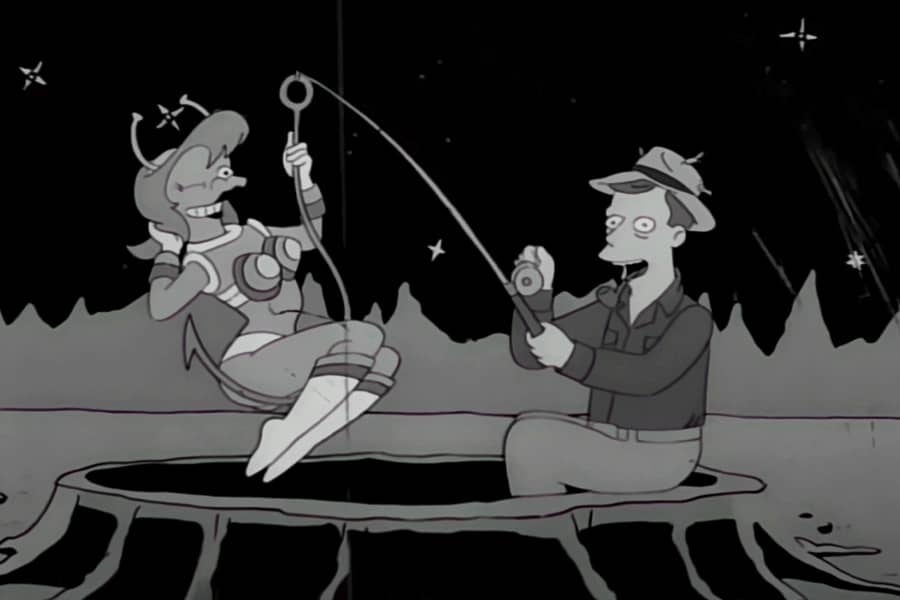 man fishing in a moon crater and has caught an alien woman
