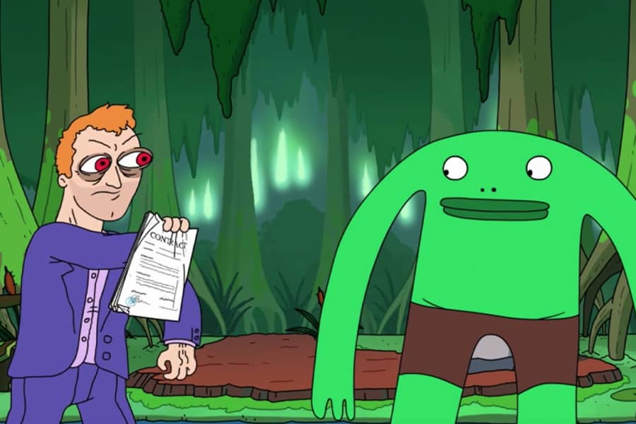 a business man with bulging red eyes angrily shoves a contract in Mr. Frog’s face