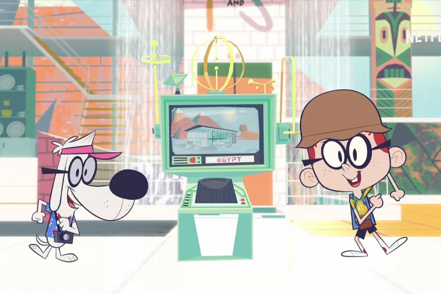 Mr. Peabody and Sherman wearing tourist gear next to a screen of Egypt