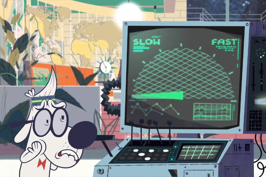 Mr. Peabody looks worried next to a display with knobs and buttons