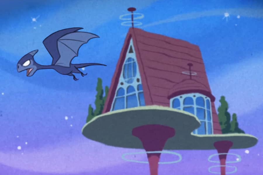 futuristic A-frame sky house with a dragon flying by