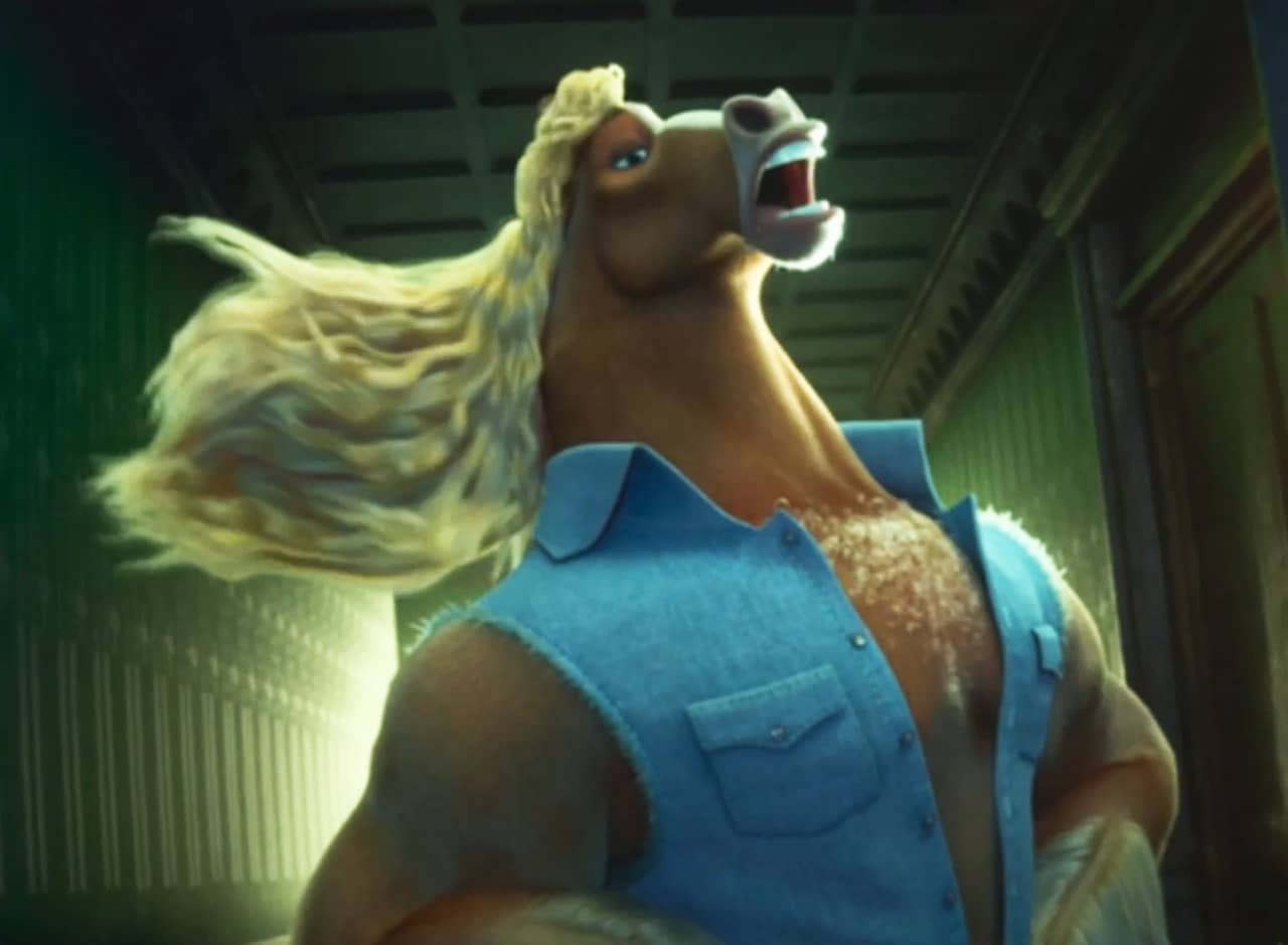 Brian Winddancer, a clydesdale horse as The Neighsayer, with long flowing blonde hair and wearing a denim vest