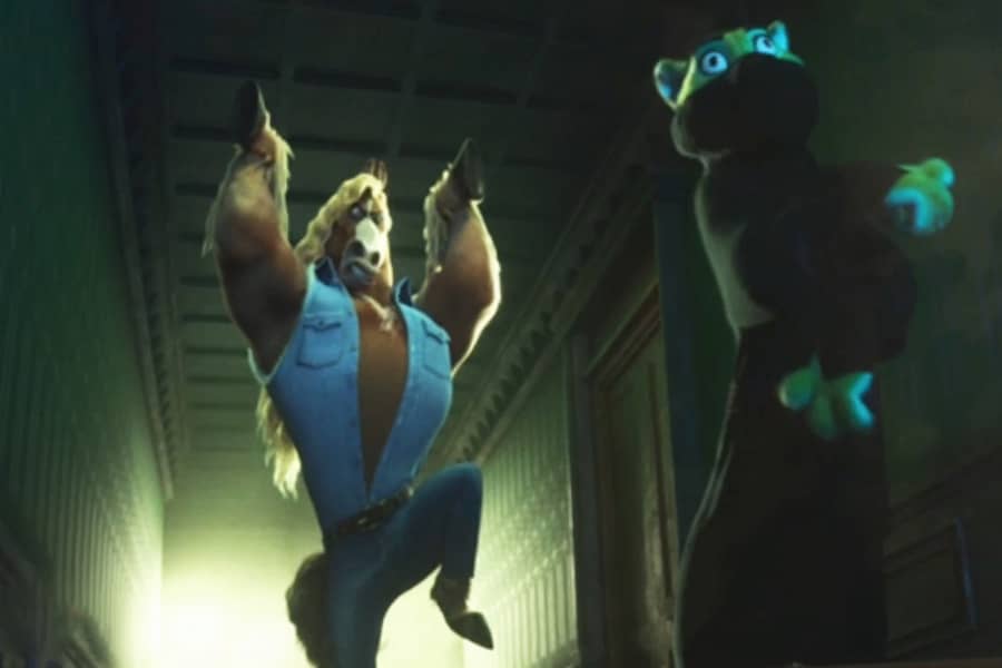 The Neighsayer doing a praying mantis pose as the ninja cat falls down