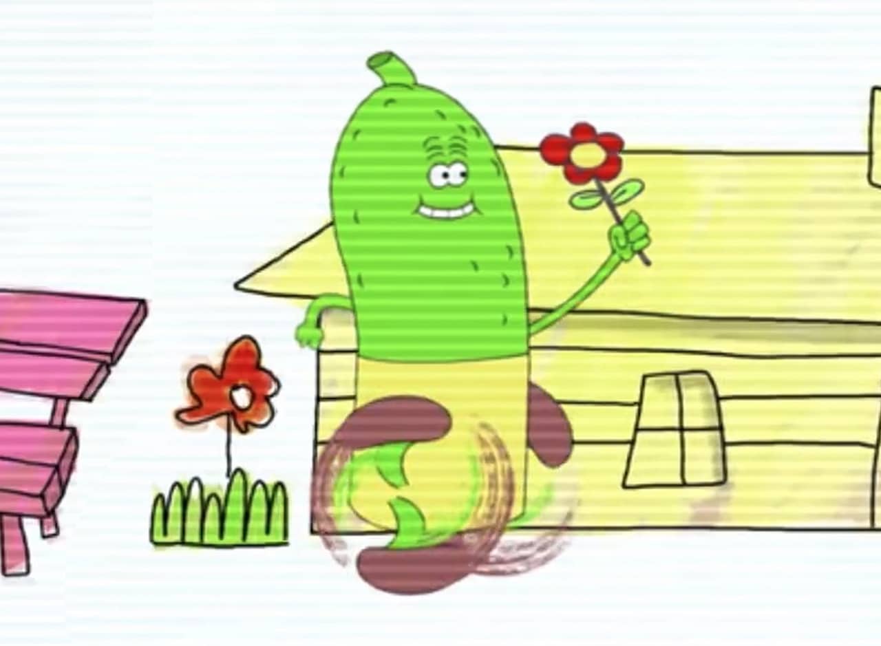 a smiling pickle running while holding a flower
