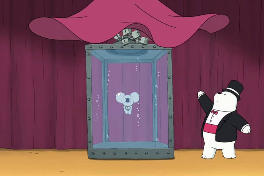 Ice Bear as a magician next to an armored glass box of water with Nom Nom submerged