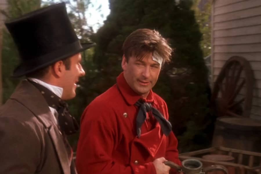 Barrenger walking with a man in a top hat
