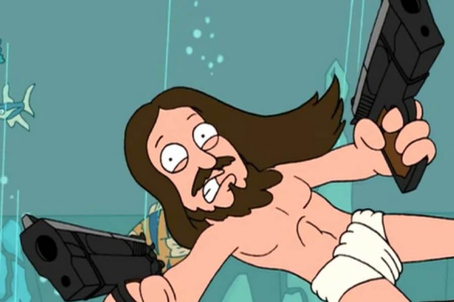 Jesus in action, wielding two guns