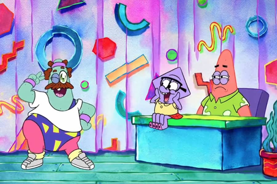 Patrick and Squidina watching Patrick’s father dance in a jazzercise outfit