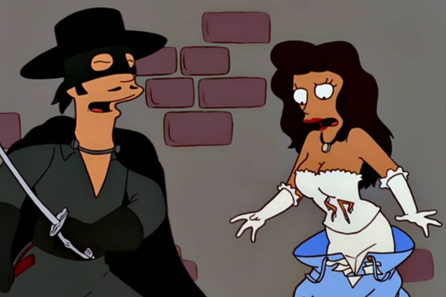 Zorro laughs as a woman’s dress falls down