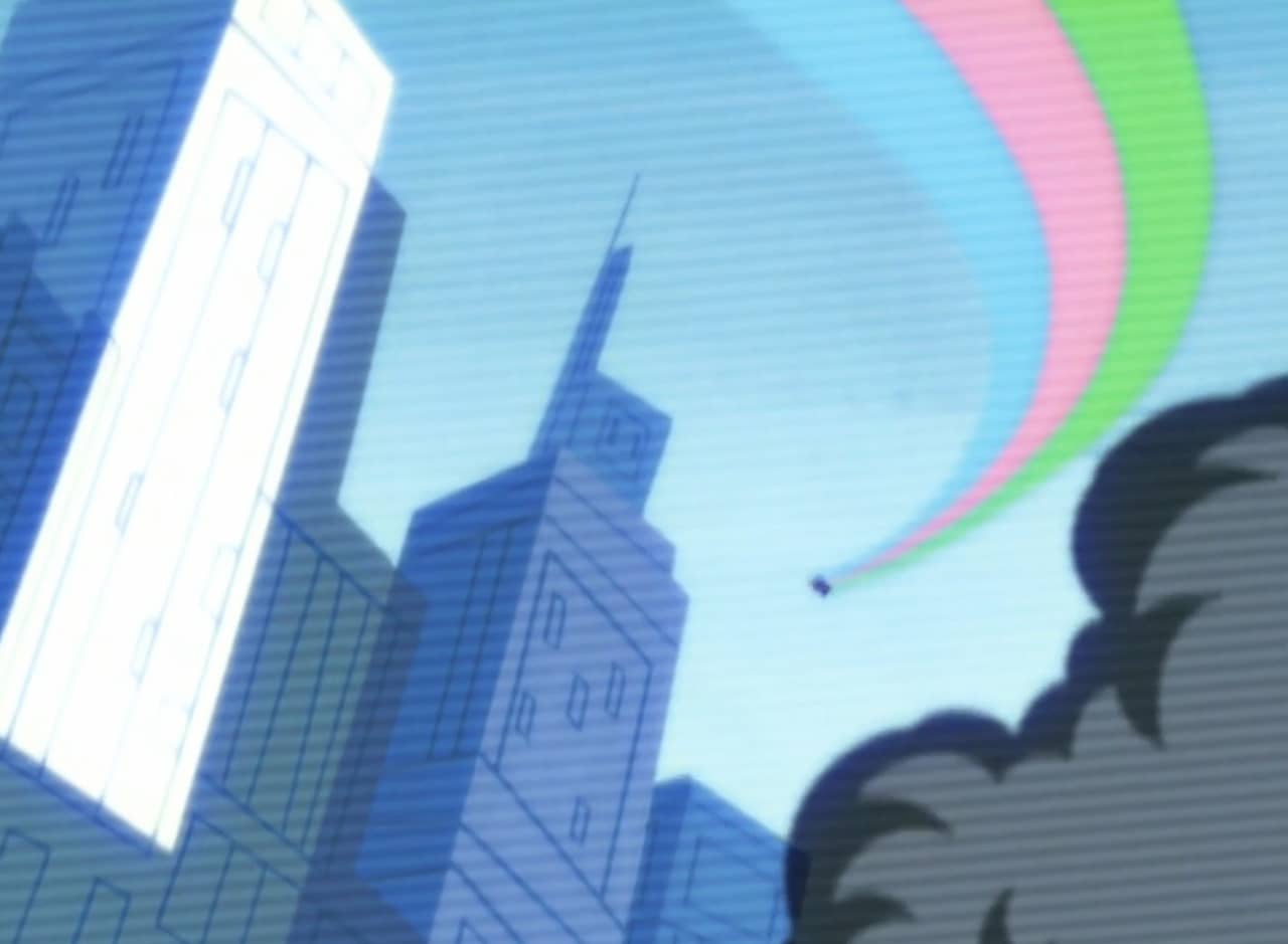 faraway shot of the blue, pink, and green trails of the Powerpuff Girls as they fly away from a smoking city