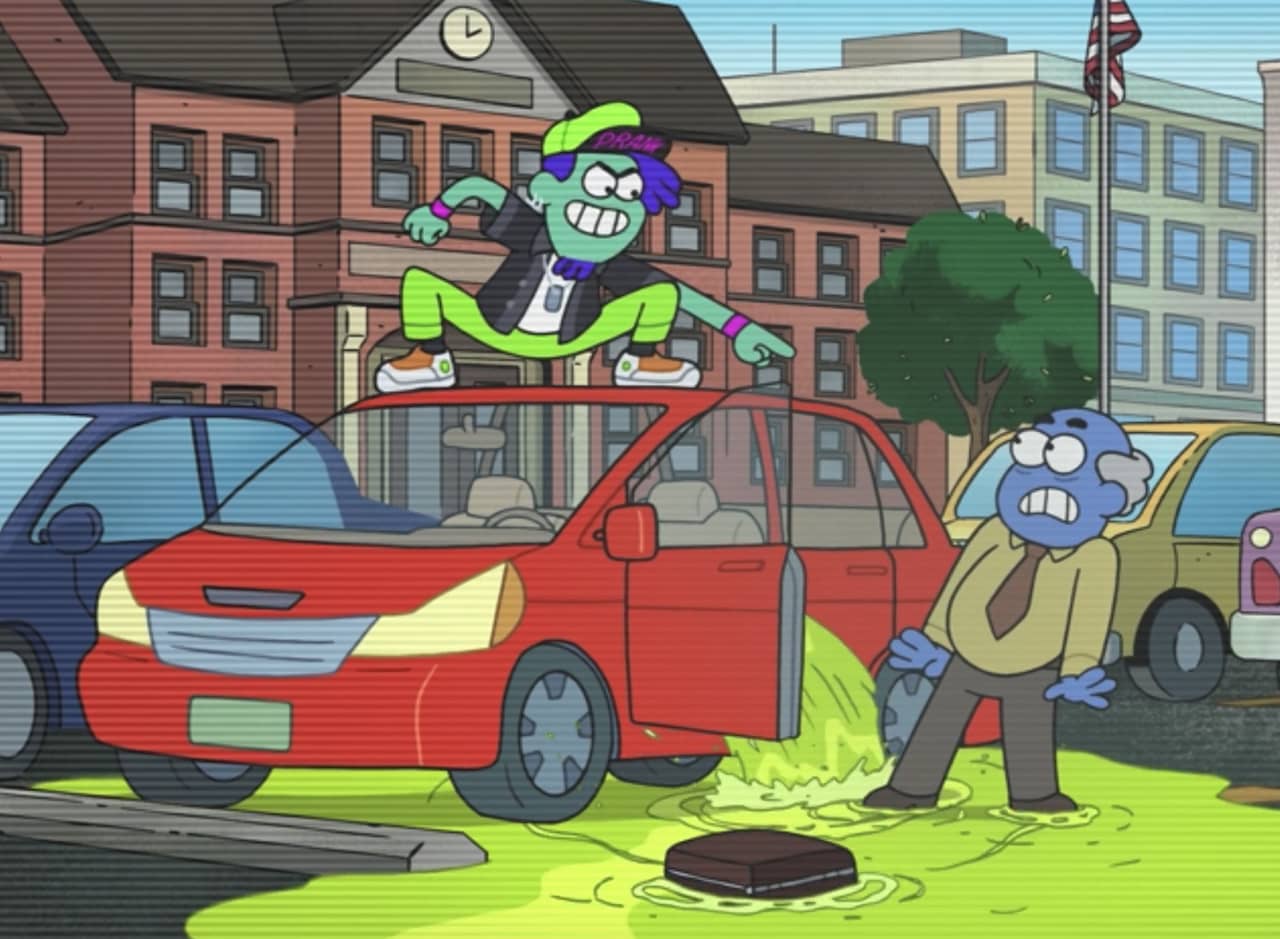 a hip kid stands on top of a car pointing at a man who has just been pranked, neon green soda flowing out of his car and onto the ground