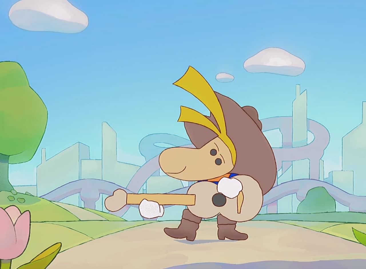 kids cartoon version of Rayman wearing a cowboy hat and playing a guitar