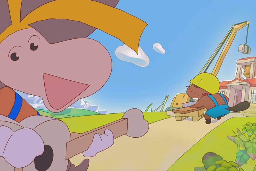 Rayman singing by a beaver hybrid building a house