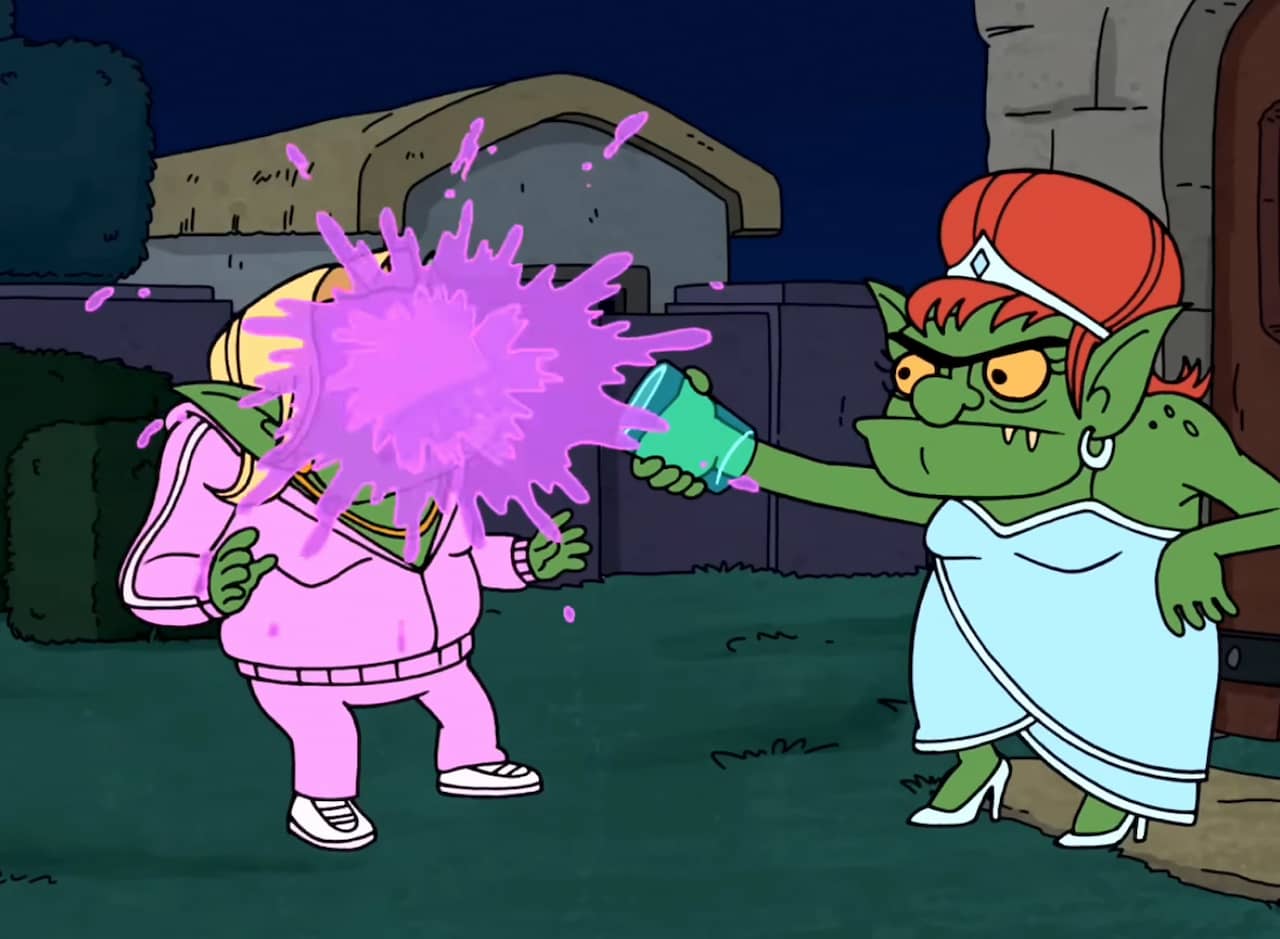 goblin woman in nice dress and tiara throwing purple liquid in the face of another woman goblin in a pink tracksuit