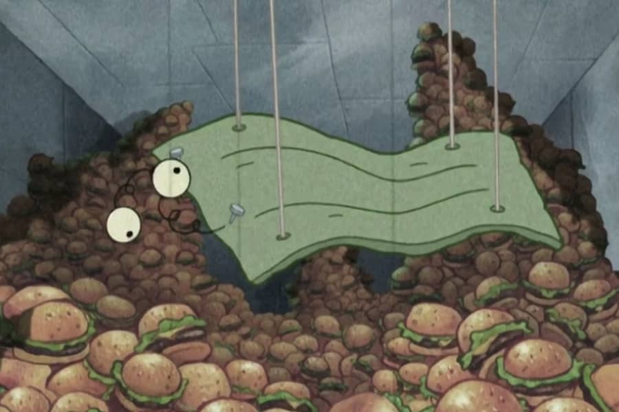 a homemade Kelp-Thing hangs from wires in a vault full of Krabby Patties