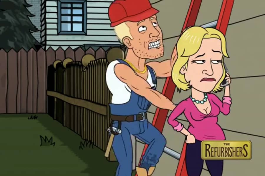 Donna on the phone while Joel climbs a ladder outside a house