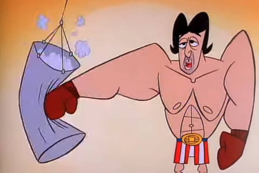 Rocky Balboa punching a punching bag
