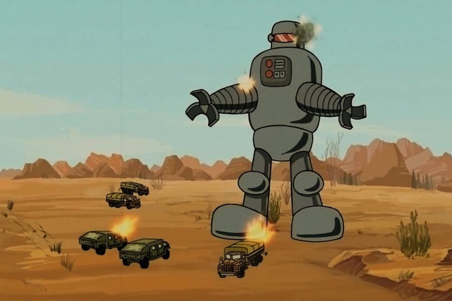 the military shooting at a giant robot in the desert