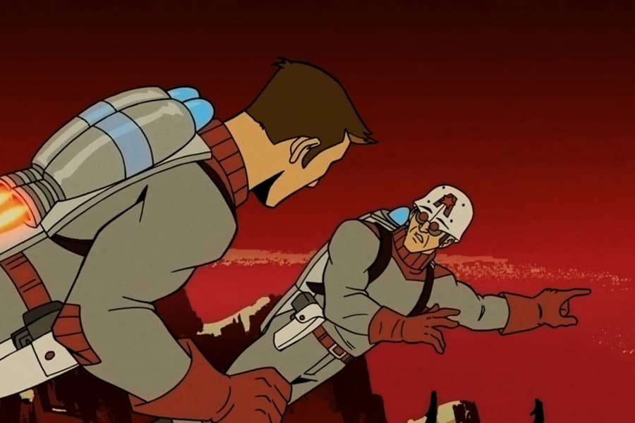 Dr. Venture flying with jetpacks in front of a red sky