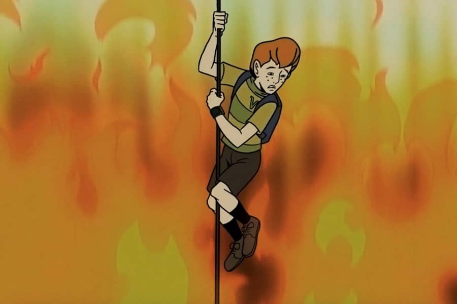 Rusty Venture hanging on a rope in front of a huge fire